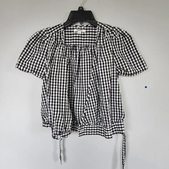 Madewell | Black and White Gingham Short Sleeve Wrap Top with Tie Waist, Size S - Picture 4 of 11
